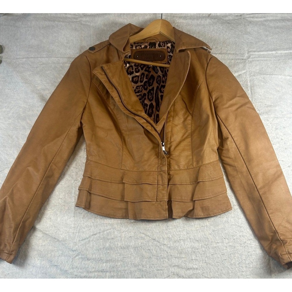Charming Charlie Faux Leather Moto Jacket Leopard Print Lined Women's Small